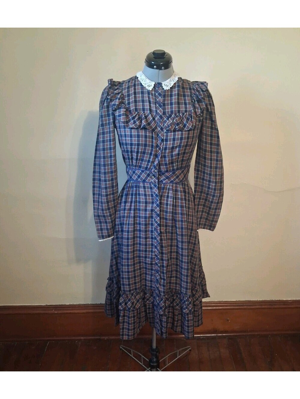 Vintage 1970s Candi Jones Retro Dress Ruffled Plaid Victorian Prairie  Sz XS